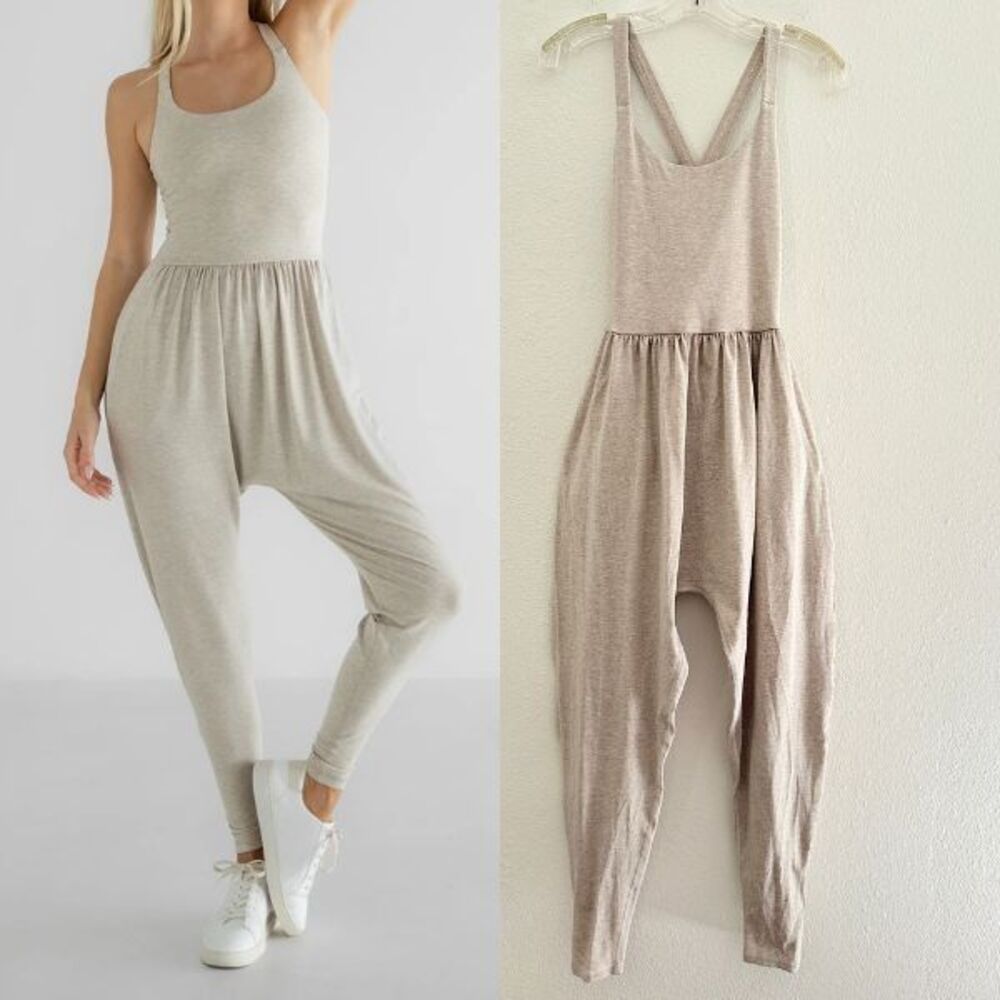 IMBODHI Stretch Jersey Knit Criss Cross Harem Jumpsuit Oatmeal Beige Women's S